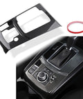 Mazda CX 5 Center Console Cover Kit Upgrade With Gear Panel And Gear Shift Knob Trim In ABS Carbon Fiber Style For 2017 Through 2025 Automatic Left Hand Drive Models installed and detail view