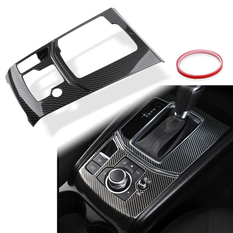 Mazda CX 5 Center Console Cover Kit Upgrade With Gear Panel And Gear Shift Knob Trim In ABS Carbon Fiber Style For 2017 Through 2025 Automatic Left Hand Drive Models installed and detail view