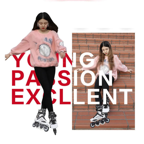 Woman wearing Carbon Fiber Inline Roller Skates For Adults And Teens Adjustable Single Row With Safety Ratchet Buckle And Laces Built For Comfort And A Smooth Cruise Upgraded Brakes And Quiet High Speed Bearings Black Women 8.5 Men 7 on steps