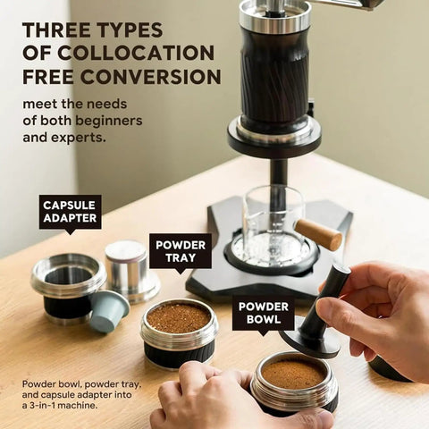 Dope Portable Manual Espresso Maker With 12 Bar Pressure Handheld Coffee Press No Cord Hassles Pre Infusion Brewer showing capsule adapter and powder bowl.