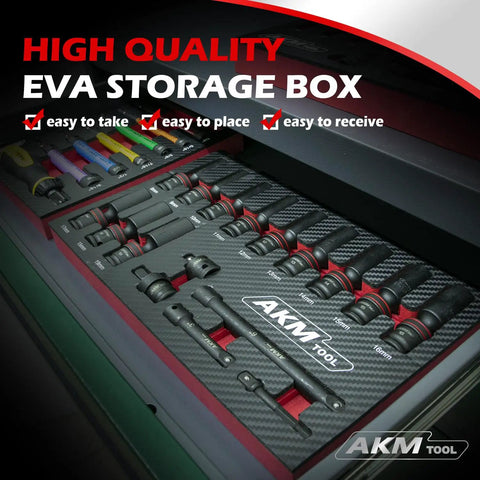 Three Eighth Inch Drive Universal Impact Socket Set With 17 Pieces Deep Swivel Wobble Sockets in EVA Storage Box.