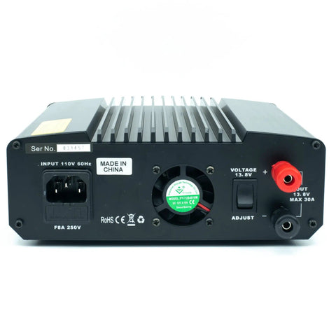 Rear view of 30 Amp Regulated Universal Bench Power Supply For CB Ham Radios And Scanners, AC input, voltage and adjust controls visible.