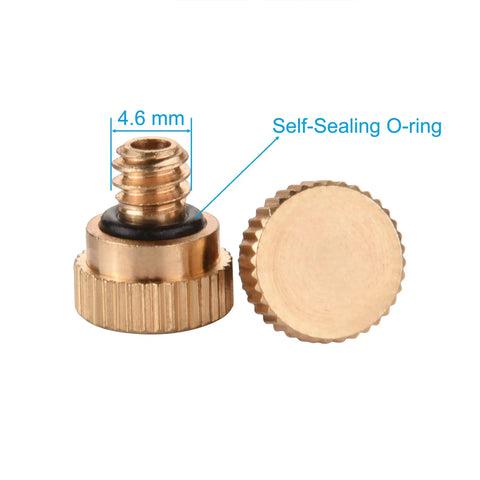 Close-up of 10 Pack Brass Misting Nozzle Plug With 10/24 UNC Threads, showing 4.6 mm size and self-sealing O-ring for outdoor use.