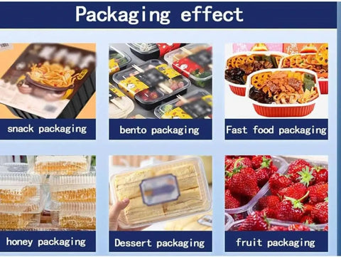 Various food packaging examples including snacks, bento, fast food, honey, dessert, and fruit packaging.