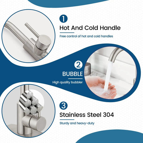 Infographic of Single Hole Bathroom Faucet With 360 Degree Swivel Spout, 304 Stainless Steel, Brushed Nickel Finish, features handles, bubbler.