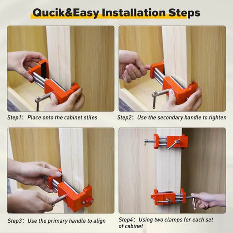 Heavy Duty Cabinet Face Frame Clamps 2 Pack With Alignment Plate And Side Screws, 440 Lbs Load, 4 Inch Opening, installation steps