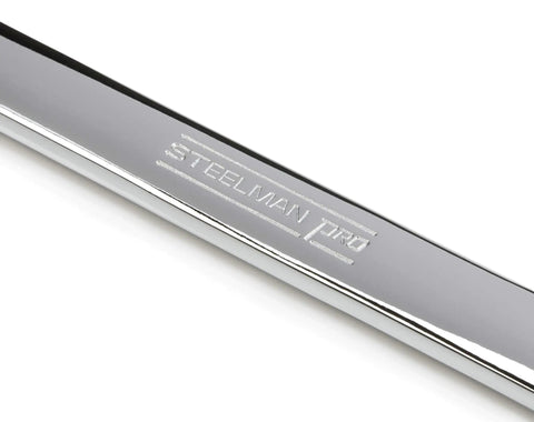 Close-up of SAE 13 Piece 6 Point Combination Wrench Set with Full Polish Chrome Finish, showing detailed brand engraving.