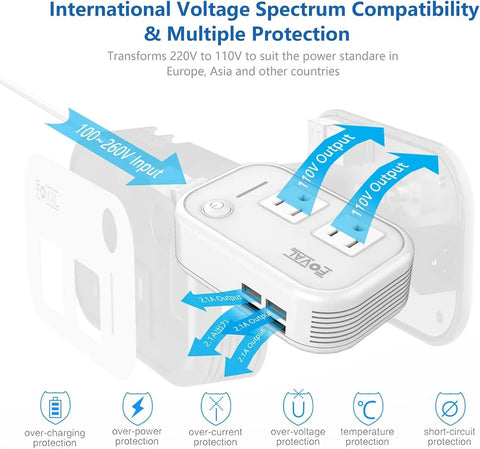 Voltage Converter 220V To 110V Travel Step Down With 4 USB Charging Ports And Universal US UK AU EU Adapters