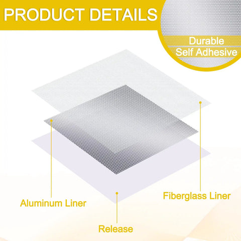 Four Pack 10 x 10 Inch Drywall Repair Kit With Self Adhesive Mesh Patches showing aluminum and fiberglass liner details.
