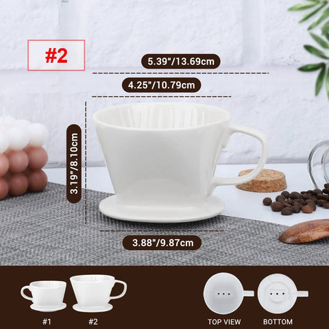 No.2 White Ceramic Pour Over Coffee Dripper For Single Cup, Reusable Filter Cone With Flat Bottom And Three Holes, Easy Pour Slow Brew For Home Office Travel Camping