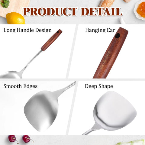 Wok spatula, 14.17-inch stainless steel with wooden handle for stirring and turning