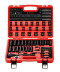 3/8 Inch Impact Socket Set 92 Pieces With Adapters CrMo Steel Deep Sockets Quick Release Ratchet And Palm Kit For Tough Jobs open case