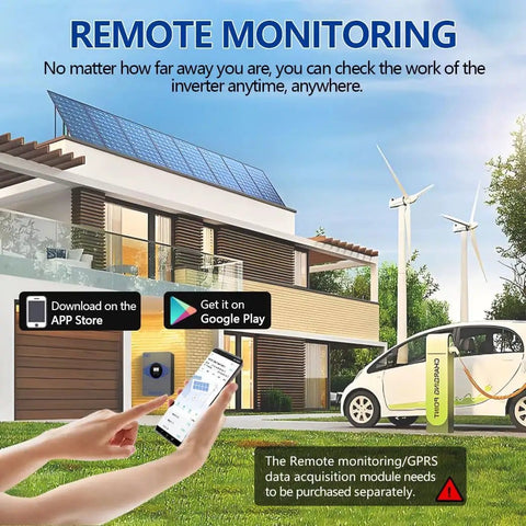 App remote monitoring of Hybrid Solar Inverter 4200W Power Up Dual 12V To 24V system in a modern home with solar and wind energy.
