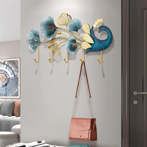 Sleek Wall Mounted Coat Rack With Extended Hook Arms For Entryway, Modern decorative design with gold finish and deep hooks for bags.