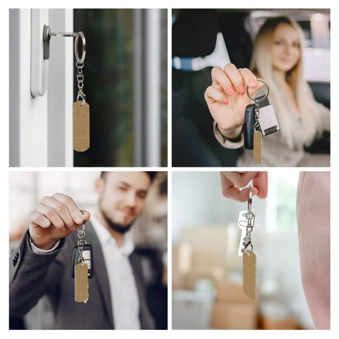 Rock Solid Large Grid Weave Jute Texture Rectangle Plated Metal Keychain Built Tough For Seamless Everyday Carry Gear crafted from aluminum in use.