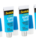 Liquid Super Glue 4 Pack Single Use Tubes 0.17 Oz Each fast drying cyanoacrylate adhesive in blue packaging with caps.
