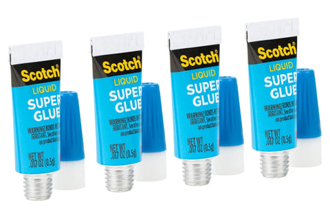 Liquid Super Glue 4 Pack Single Use Tubes 0.17 Oz Each fast drying cyanoacrylate adhesive in blue packaging with caps.