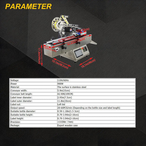 Hustle Ready High Speed Automatic Bottle Labeler With Intelligent Touchscreen Control 110V Desktop Conveyor System For Smooth Round Containers Quick Grind Setup, stainless steel dimensions and label parameters.