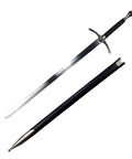41.25 Inch One Hand Medieval Sword With Dull Carbon Steel Blade, Faux Leather Wrapped Wood Scabbard, displayed on white background.