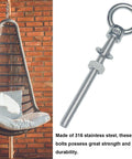 Six Pack M8 Eyebolts Stainless Steel Heavy Duty Lifting Rings For Swing Tire Chair And Suspension Fittings Outdoor Indoor Anchoring Kit Five Sixteenths Inch By Three And One Eighth Inch, showing single eyebolts with washer and nut and a hanging chair in brick wall background.