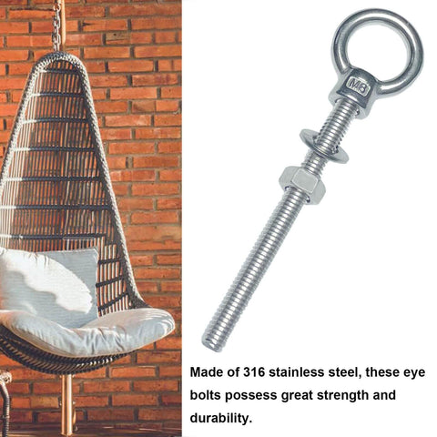 Six Pack M8 Eyebolts Stainless Steel Heavy Duty Lifting Rings For Swing Tire Chair And Suspension Fittings Outdoor Indoor Anchoring Kit Five Sixteenths Inch By Three And One Eighth Inch, showing single eyebolts with washer and nut and a hanging chair in brick wall background.