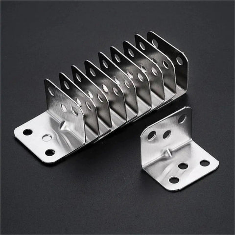 Solid As A Rock L Brackets 100 Pack Heavy Duty Corner Braces arranged in a row, showing metal construction and multiple holes for screws.