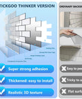 Comparison of Stickgoo thinker version and ordinary backsplash showing thick peel and stick backsplash tiles in white subway style for kitchen 10 sheets of 12 by 12 inches 2mm to 2.5mm thick durable self adhesive DIY friendly easy install covers 40 percent more area