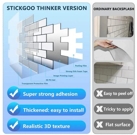 Comparison of Stickgoo thinker version and ordinary backsplash showing thick peel and stick backsplash tiles in white subway style for kitchen 10 sheets of 12 by 12 inches 2mm to 2.5mm thick durable self adhesive DIY friendly easy install covers 40 percent more area