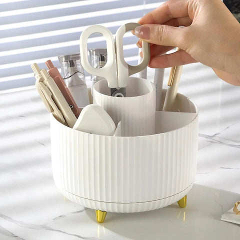 Rotating Desk Organizer With Six Compartments For Makeup Skincare Art Supplies And Office Gear Three Color Options Swivel Pen Holder And Multipurpose Storage For Markers Brushes Scraps And Essentials, cream white 6-slot plastic