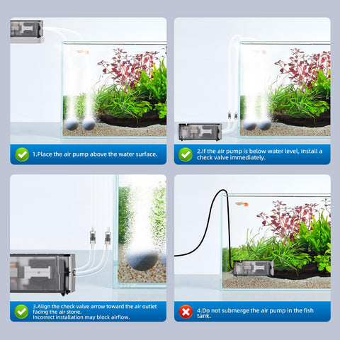 Illustration showing installation steps of Ultra Silent Aquarium Air Pump For 60 To 90 Gallon Tanks with air stone bubbler.