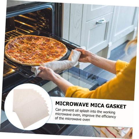 Person using oven with pizza, showing 10 Pack Mica Plate Sheets For Microwave Oven Replacement Heat Insulation Waveguide Cover And Oil Splatter Shield