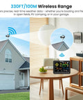 12-in-1 Wireless Weather Station SA6 With Rain Gauge, Wind Speed, Weather Forecast, Humidity, Air Pressure, Alarm Clock, No WiFi, 6.5 Inch Color Display With Adjustable Backlight. 330ft wireless range shown for home use