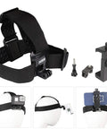 First Person POV Head Mount Phone Holder For Outdoor Filming, 4 To 7 Inch Clip Fits iPhone Android Samsung GoPro Insta360 Sony DJI Action Cameras, headband with accessories displayed.