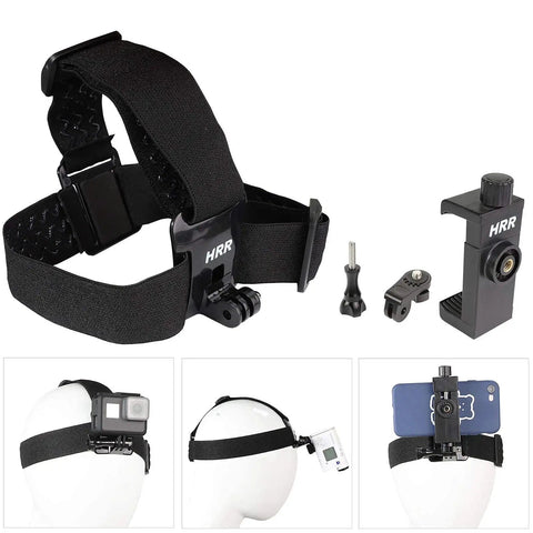 First Person POV Head Mount Phone Holder For Outdoor Filming, 4 To 7 Inch Clip Fits iPhone Android Samsung GoPro Insta360 Sony DJI Action Cameras, headband with accessories displayed.