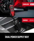 Cordless Tire Inflator With Digital Pressure Gauge showing dual power, cordless near tire and corded in car outlet