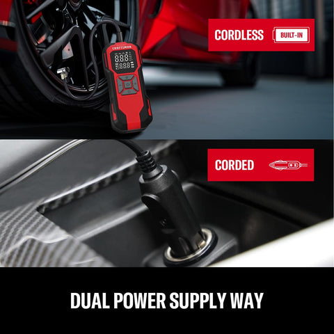 Cordless Tire Inflator With Digital Pressure Gauge showing dual power, cordless near tire and corded in car outlet