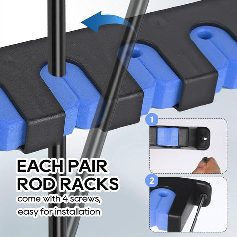 Close-up of Durable Wall Mount Fishing Rod Holders 1 Pair Vertical Blue Rod Racks for Garage or Boat Holds Up To Six Poles
