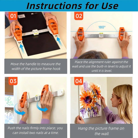 Steps using All In One Picture Hanging Tool With Level And Ruler For Effortless Wall Decor Alignment, Bubble Level And Marking Guide