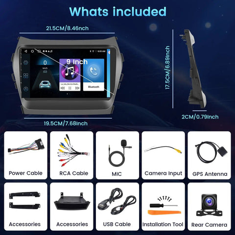 Hyundai Santa Fe 2013 2017 Android Car Stereo 9 Inch Touchscreen With Wireless CarPlay And Android Auto GPS Navigation WiFi Bluetooth SWC Mirror Link Mic Backup Camera Dash Kit Plug And Play Upgrade components.