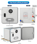 Instant On Tankless Propane Water Heater For Campers Rv showing front and back views with dimensions and features.