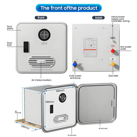 12 Volt Propane Tankless Water Heater For RV Camper With Instant On Demand Hot Water Continuous Flow Game Changer For Road Trips Superior Performance And No Sweat Campground Showering front and back view with labeled components.