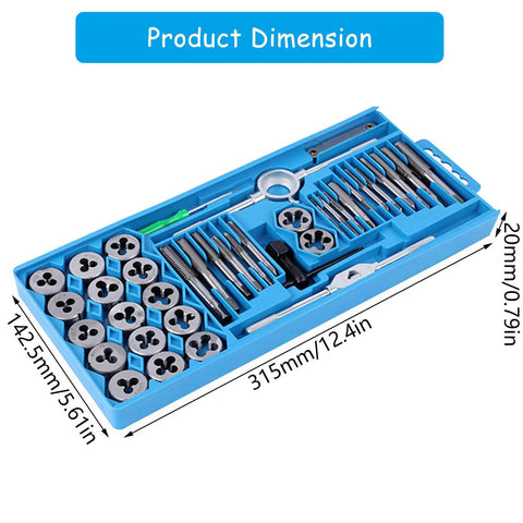 Kickstart Your Metalworking Projects With This Awesome 40 Piece Tap And Die Set Built From Tough Steel For Spot On Threading Accuracy Across Cast Iron Low Carbon Steel And Various Metals In Fine Thread Varieties. 40-piece steel tap and die set in blue case, 315mm x 142.5mm x 20mm