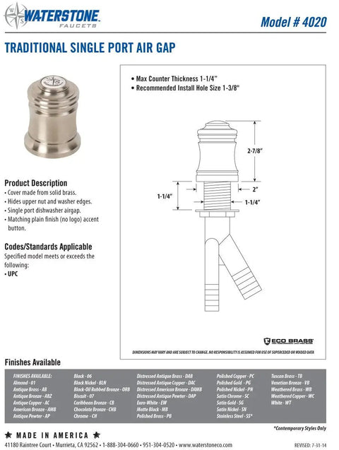 Traditional Single Port Air Gap made from solid brass, designed for dishwasher installation with a plain finish cap.
