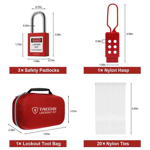 Pro Grade Lockout Tagout Kit for Industrial Electrical Safety with 3 Safety Padlocks, 1 Nylon Hasp, 20 Ties, Storage Case