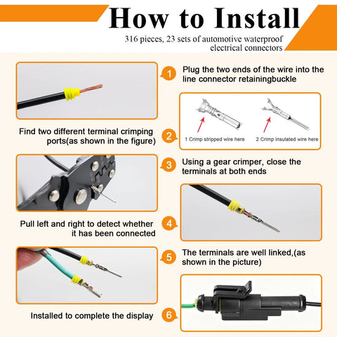 Instruction steps for 316 Piece Waterproof Automotive Electrical Connector Kit With 23 Sets Sealed Wire Connectors For 22 To 16 AWG
