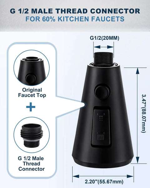 G 1/2 male thread connector for kitchen faucets, matte black finish, measuring 3.47" height and 2.20" diameter.