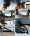 Firefighters using Top Shelf Heavy Duty Car Fire Blanket With Double Sided Silicone Shielding For Extreme Heat Resistance Up To One Thousand One Hundred Celsius.