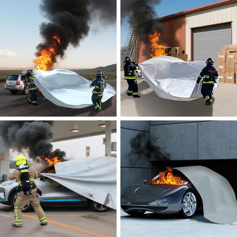 Firefighters using Top Shelf Heavy Duty Car Fire Blanket With Double Sided Silicone Shielding For Extreme Heat Resistance Up To One Thousand One Hundred Celsius.