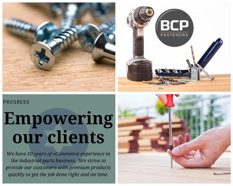 BCP Fasteners collage featuring screws, a drill, and a person using a screwdriver with company mission text.