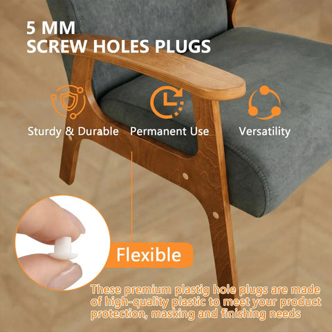 5 mm screw holes plugs for chairs, shown with hand holding a plug; emphasizes flexible, durable use for a clean finish.